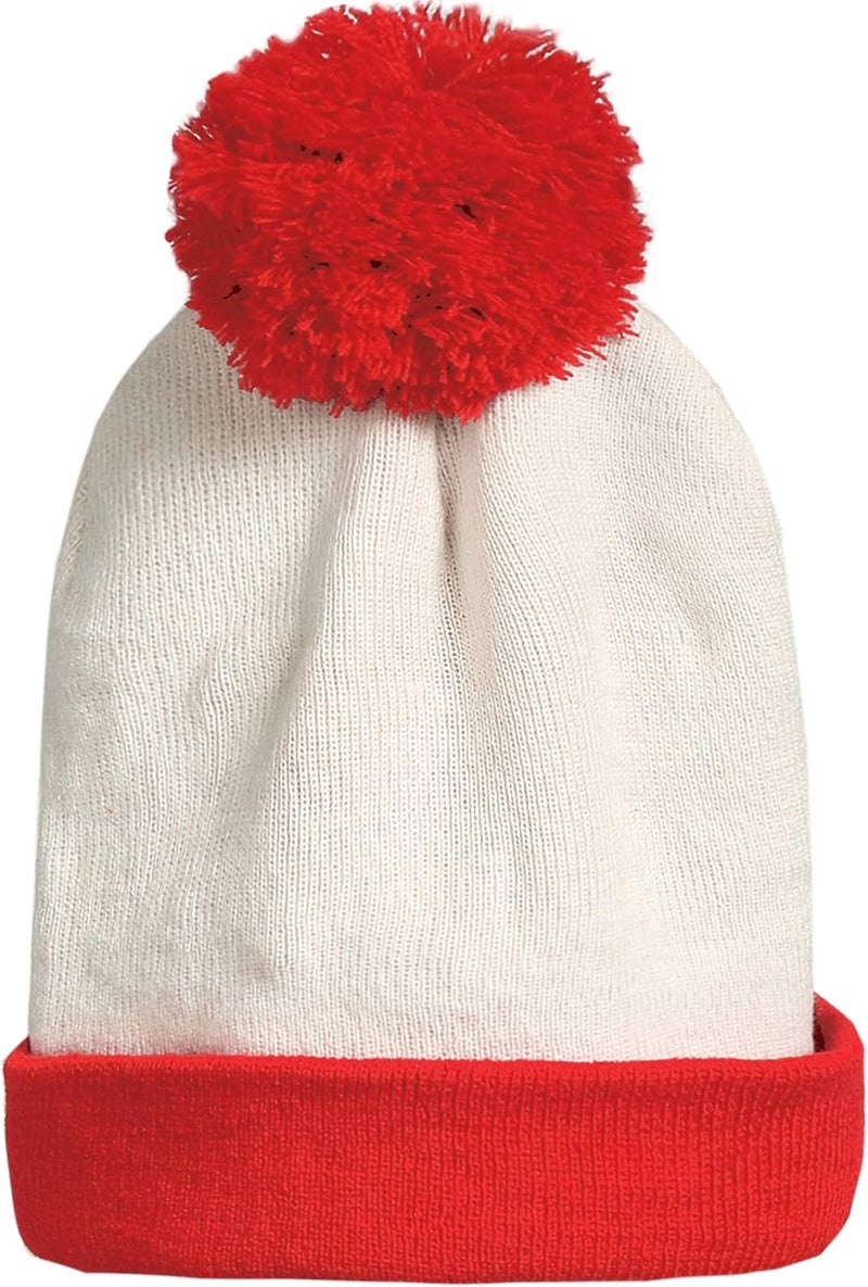 SSLR -Big-Kids-Halloween-Beanie-Hat-Red White Pom Pom Cuff Knit Christmas Hat - Image 1